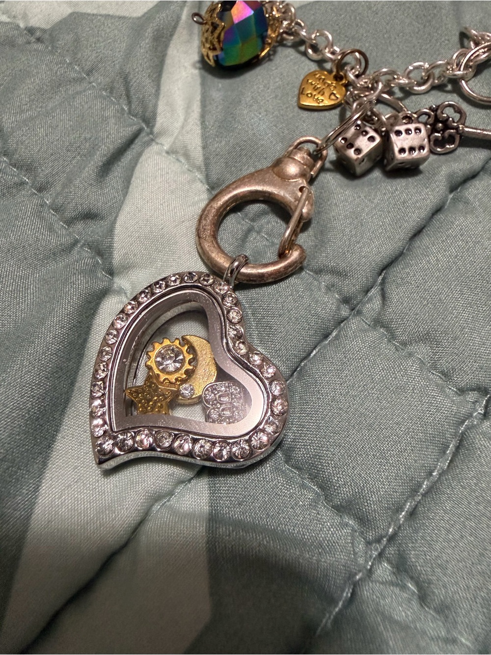 Silver Heart Locket Charm Keychain with Gold Accents - Unknown Brand